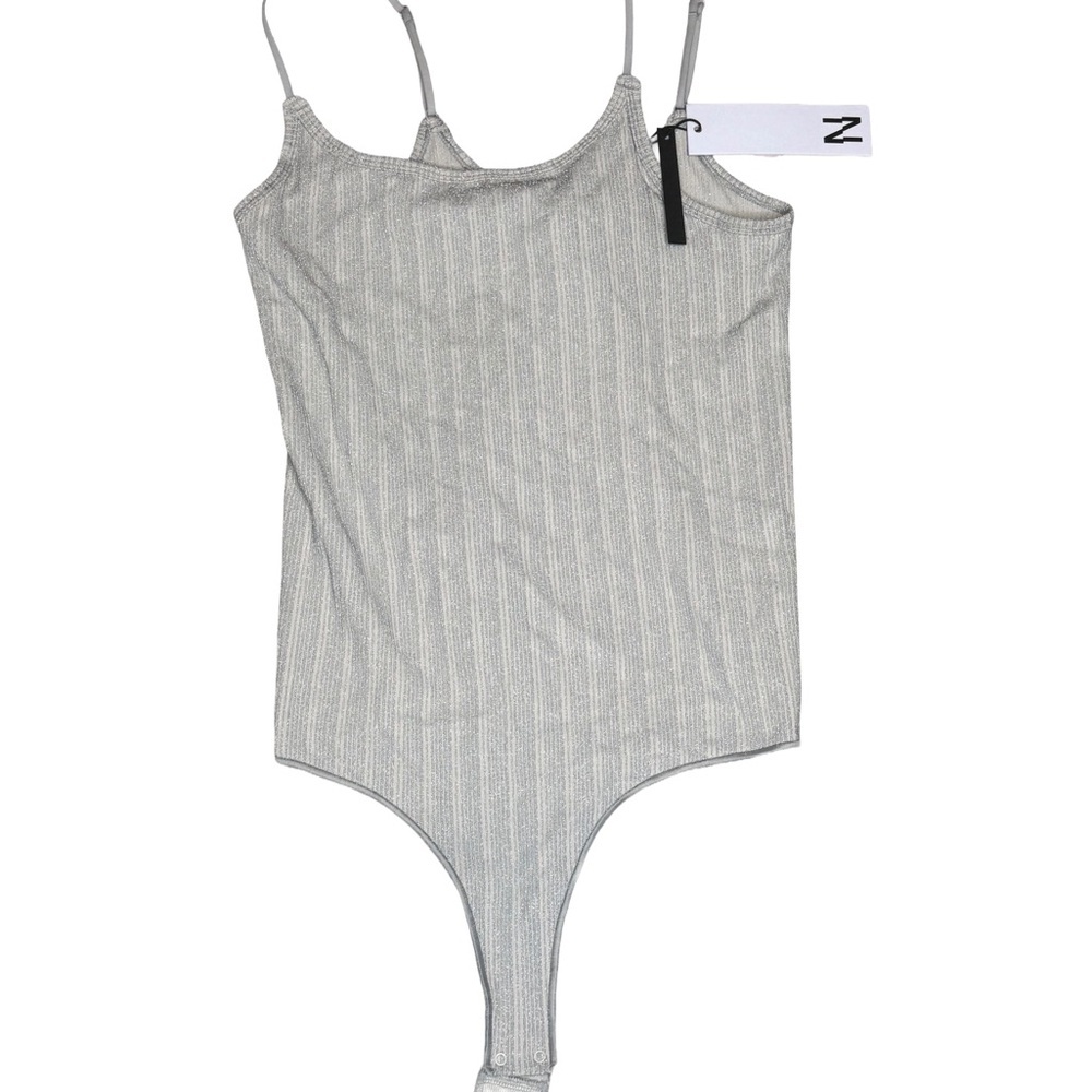 NOISY MAY Silver sparkle stripe Ribbed Spaghetti-Strap thong Bodysuit